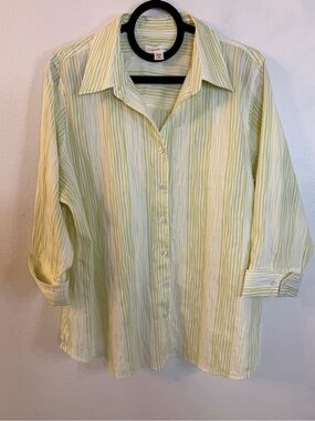 Coldwater Creek Blouse Size 2X Button Down Green White Stripes 3/4 Sleeves
